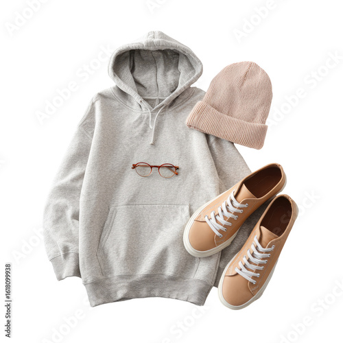 Gray hoodie, tan beanie, and shoes