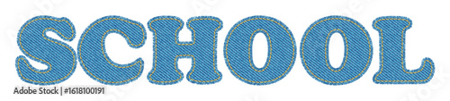 School denim patches. Patchwork font with fabric pattern and torn edges in shape of school word. Blue text with letters with blue jean texture, vector illustration