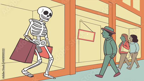 A skeleton carries shopping bags past a storefront while people walk by on the sidewalk in the city scene