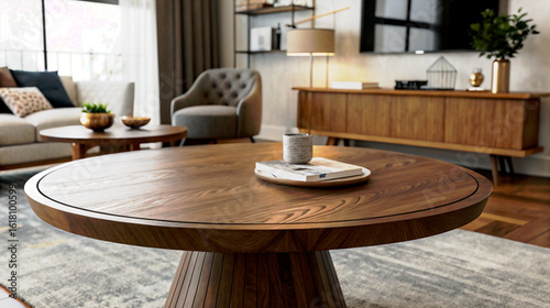 Close up of a round wooden coffee table with a minimalist design