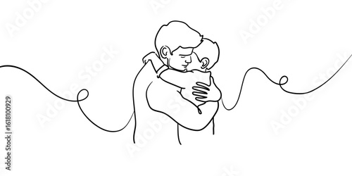 Continious line happy father hugs his son on white background. Parents with baby outline. Line art drawing. Vector illustration