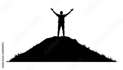Silhouette of a man standing confidently on a hill against a colorful sunset sky. Suitable for inspirational and motivational concepts.