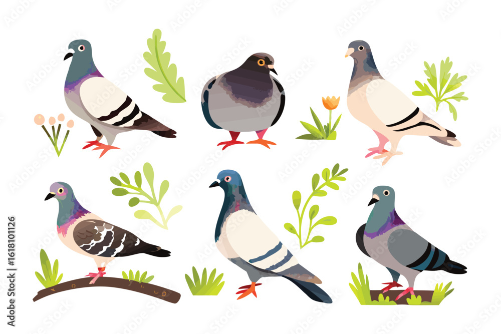 Obraz premium City Doves: A charming group of city pigeons, illustrated with vibrant details, perched amidst verdant leaves and delicate blooms, representing peace and urban nature.