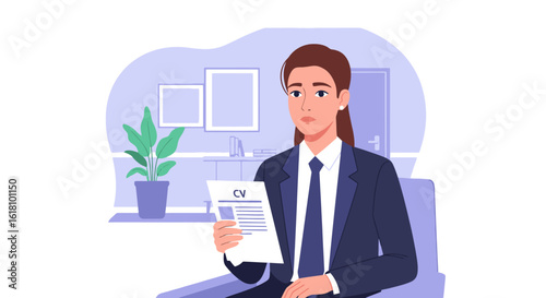 Professional woman reviews her CV before job interview in a calming office setting