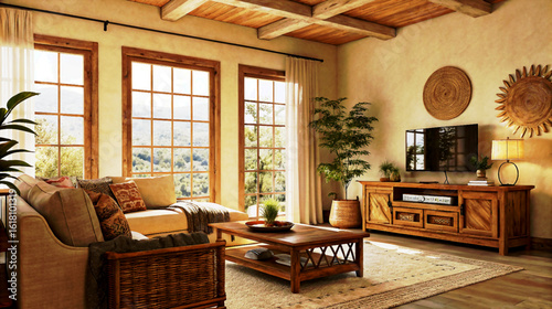 Warm neutral living room with natural elements and cozy ambiance