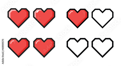 Pixel Art Health Bar with Hearts for Video Games and Graphic Design