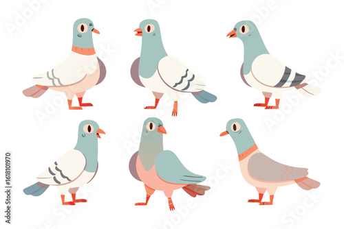 Pigeons in various poses: Six elegantly illustrated pigeons showcase diversity in poses and subtle color variations, with each bird conveying a sense of character and personality.
