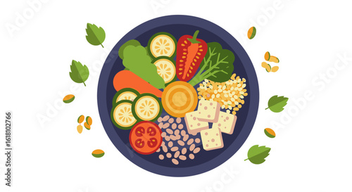 Delicious vegan bowl with fresh vegetables and tofu for healthy lifestyle promotion