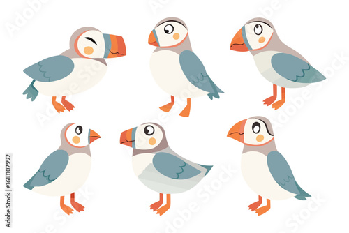 Canvas Print Adorable Puffin Collection: A charming illustration showcases a collection of endearing puffin birds in various poses, highlighting their colorful beaks and playful nature
