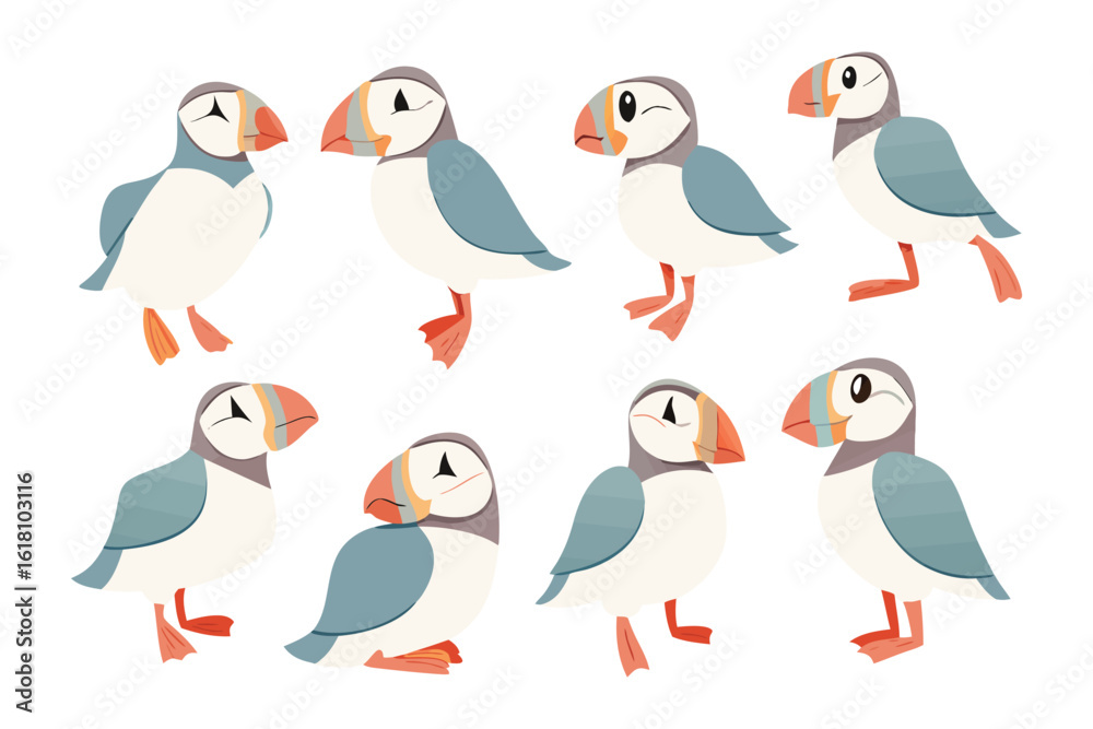Fototapeta premium Adorable Seabird Array: A charming array of seabirds, each a delightful representation of nature's feathered wonders. With expressive features and playful poses.