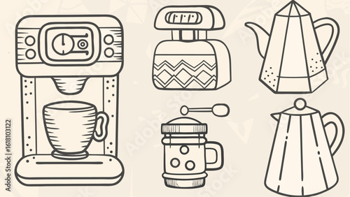 Illustration of coffee maker, kitchen scale, coffee grinder, and two coffee pots in black outline