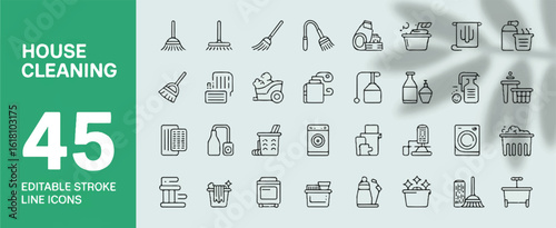 A set of 45 minimalist line art icons for house cleaning and household maintenance services.