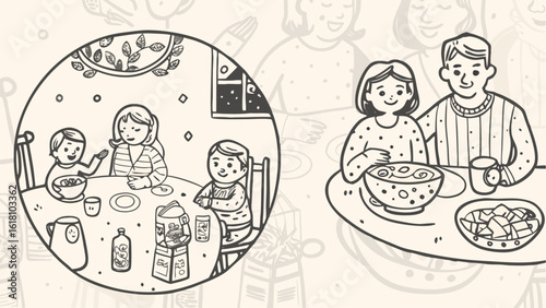 Family members are eating breakfast together at a table in a black and white line drawing style