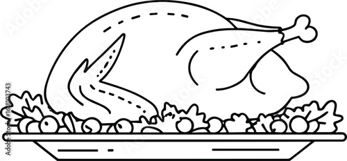 Roast Turkey Line Drawing – Holiday Dinner Vector Illustration