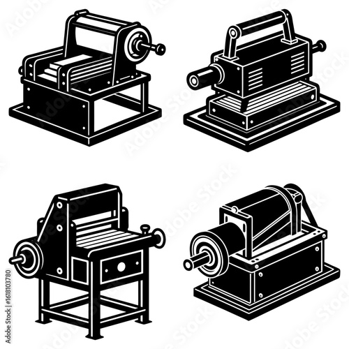 Illustration showing four different styles of vintage printing presses in black and white detailed design
