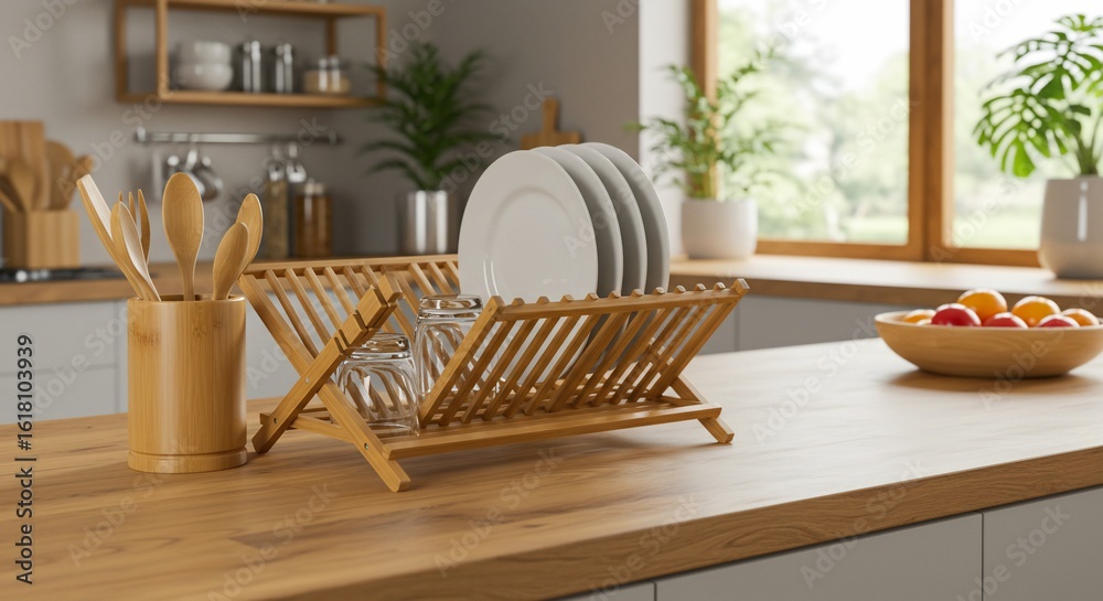 Fototapeta premium Bamboo Dish Rack and Utensil Holder on Modern Kitchen Counter