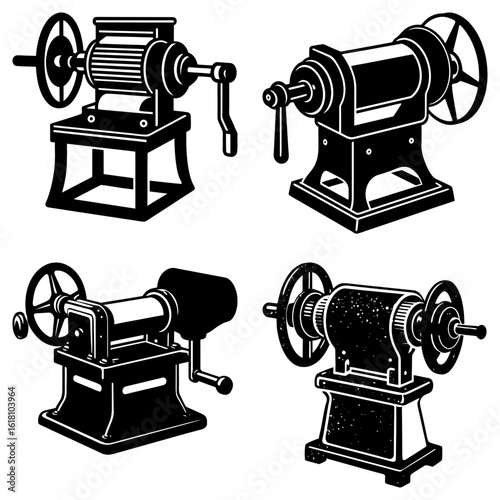 Illustration showcasing four distinct vintage hand crank machines in detailed black and white rendering style