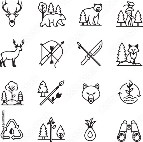 Wildlife symbols representing forest animals, hunting tools, and nature conservation activities in a simple linear design