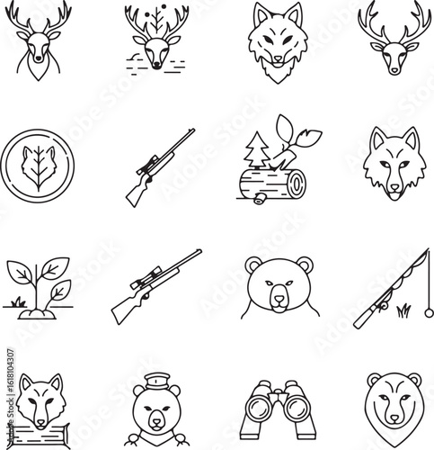 Wildlife symbols representing forest animals, hunting tools, and nature conservation activities in a simple linear design