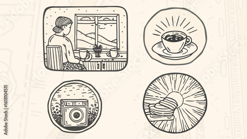 Illustration of a woman by a window, coffee cup, washing machine, and pancakes in a circular design