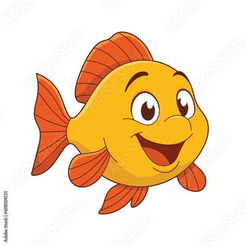 Cheerful Yellow Fish with Orange Fins and Tail swimming happily.