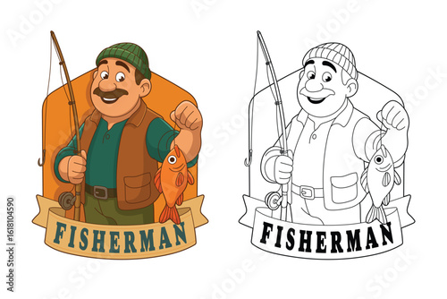 Cartoon fisherman in a badge holding a fish and fishing pole with text.