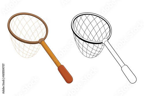 Illustration of a fishing net and its outline, tools for catching creatures.