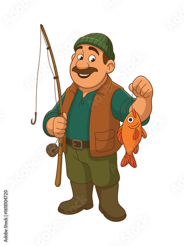 Cartoon fisherman displaying his catch, with fishing rod and hat.  