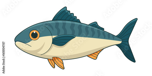 Illustrated mackerel swimming, showcasing blue and white coloration of the fish.