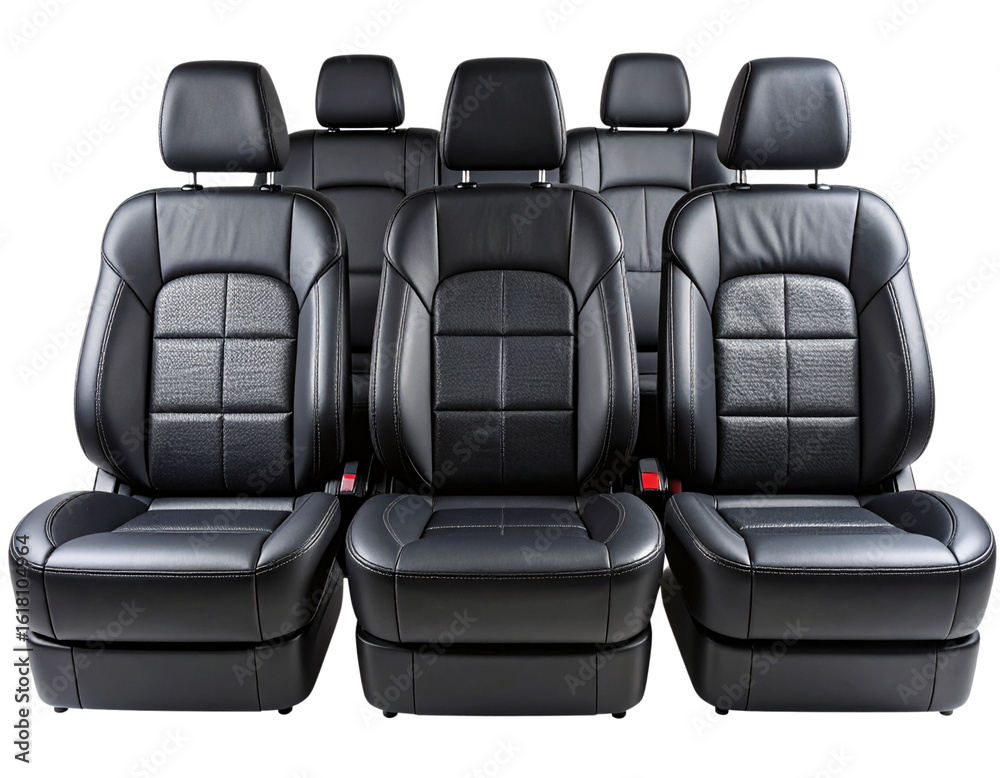 Naklejka premium Modern Black Leather Car Seats Set – Front and Rear View Isolated PNG