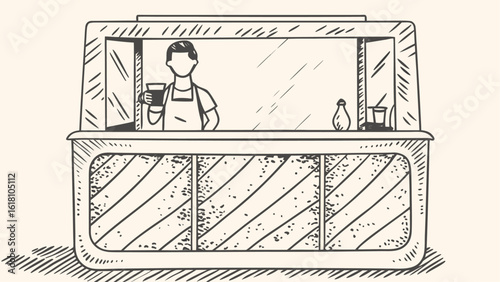 Illustration of a barista in a coffee shop booth serving a cup of coffee to a customer today