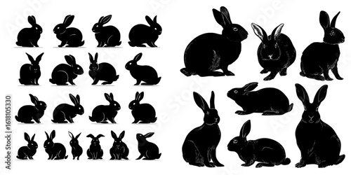 A set of diverse easter bunny silhouettes are presented against a white backdrop, ideal for utilization in design projects
