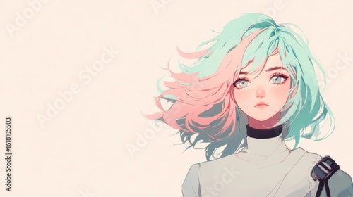 Pastel-hued anime girl with vibrant hairstyle.