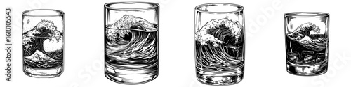 A modern illustration of a ship in a storm, depicted in a glass sketch engraving style, is suitable for a T-shirt apparel print design, and features a scratch board imitation in black and white, as a