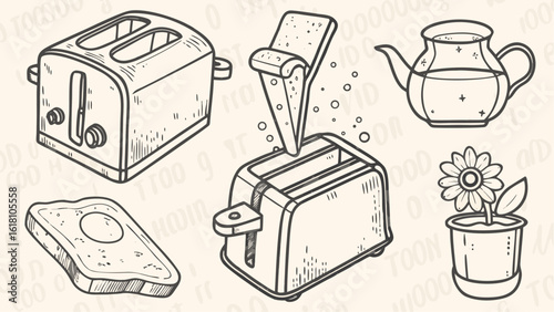 Illustration of toasters with bread, teapot, and potted flower in a simple line drawing style image