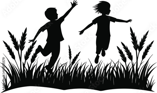 A collection of cheerful illustrations depicting two children engaged in various activities, often showcasing their friendship, playfulness, and innocence in a bright, inviting style