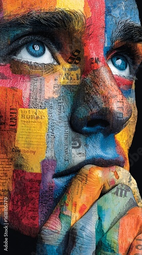 Portrait of a Thoughtful Person with Multicolored Face Art Design