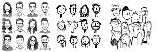 A modern web profile set featuring isolated black and white sketches of cartoon outline characters, including young or adult humans with various headgear, hairstyles, beards, and mustaches, all hand