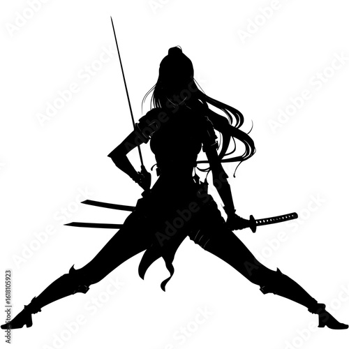 The image of a 2D black silhouette shows a swordswoman girl with long hair, wearing leather armor, holding a long rapier, and posing beautifully with her legs spread wide, prepared for a fight