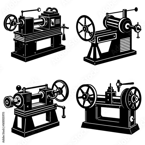 Illustration showing four different vintage lathe machines with wheels and various mechanical components present