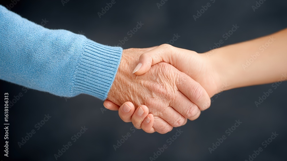 Fototapeta premium Trade negotiation, free trade agreement, A heartwarming handshake between an elderly person and a younger individual, symbolizing connection and support across generations.