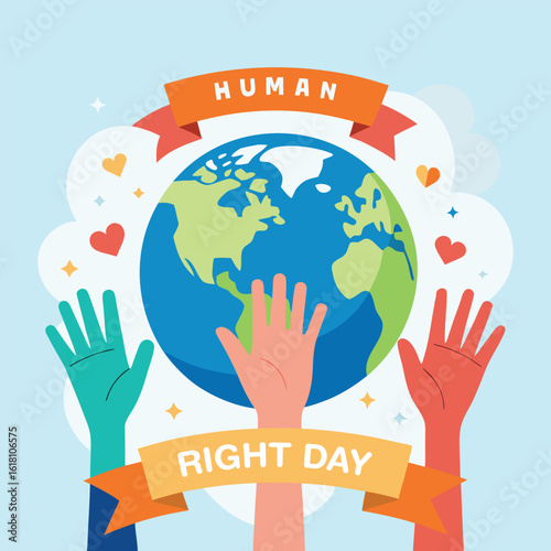 Diverse hands reaching up towards a vibrant earth globe symbolizing global unity and the celebration of human rights day with a message of equality and solidarity for all people worldwide