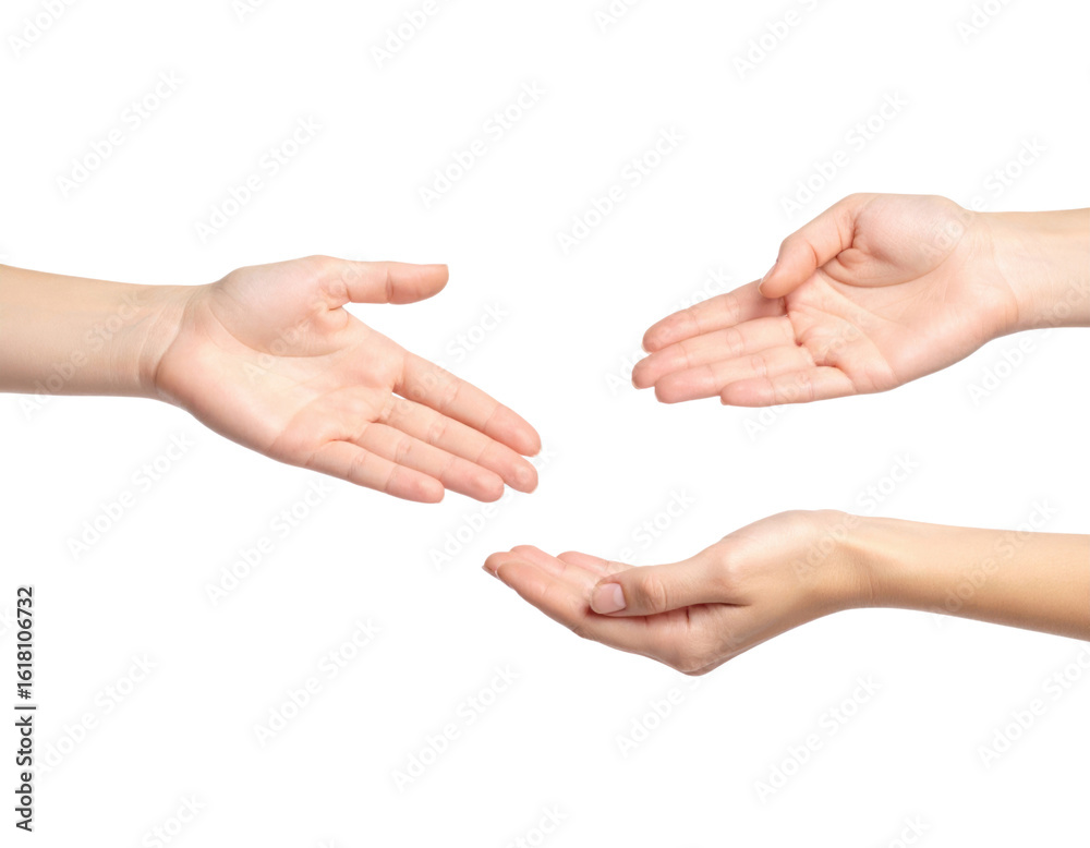 Three Open Hands Extended Reaching Towards Each Other isolated on transparent background. PNG die-cut for advertising Three Open Hands Extended Reaching Towards Each Other isolated on transparent background. PNG die-cut for advertising
