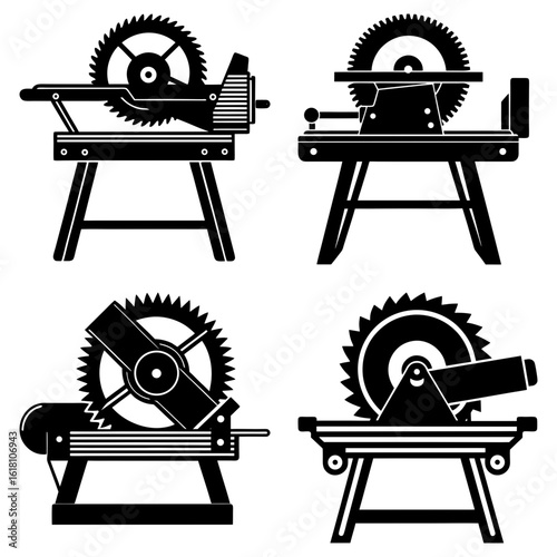Illustrations of four different styles of table saws with circular blades and stands in black and white