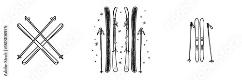 A simple illustration of a pair of skis and ski poles in black and white, depicted in a minimalist modern linear style