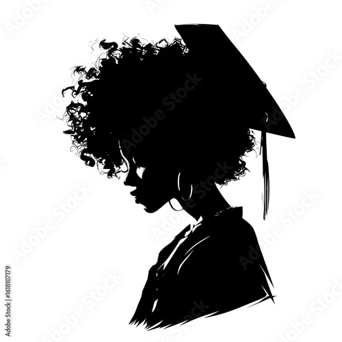 Beautiful African American female college student and university graduate wearing graduation cap and gown, represented as a modern profile avatar silhouette illustration