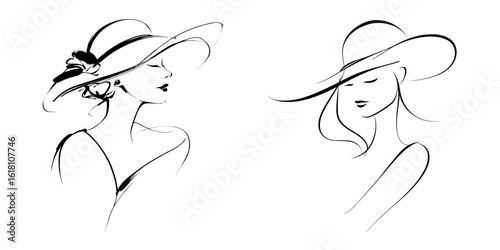 A refined woman wearing a hat is depicted in a minimalist black linear design against a white background, creating an abstract profile