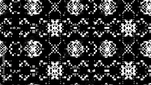 Black and white abstract pattern of symmetrical, pixelated shapes arranged in rows
