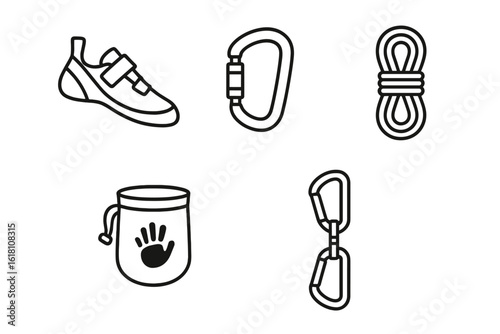 Rock Climbing Gear Icons Set – Safety Equipment and Tools Illustration