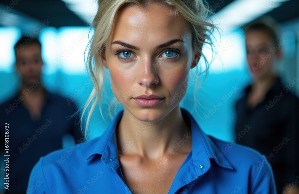 Fototapeta premium Woman with blonde hair and blue eyes looking directly at the camera in a professional setting with two blurred colleagues in the background